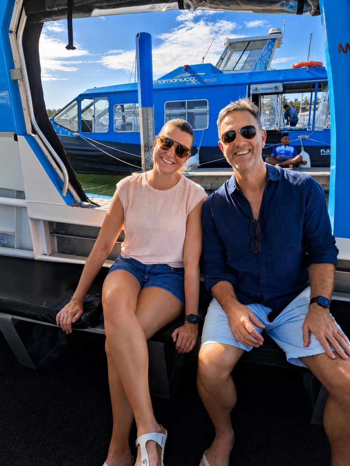 Couple travelling by private water taxi at Nadi marina